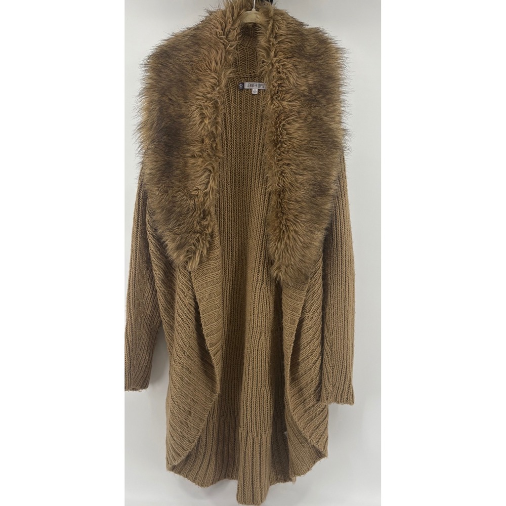 Jennifer Lopez Faux Fur Collar Metallic Knit Cardigan Sweater Tan Gold Y2K XL